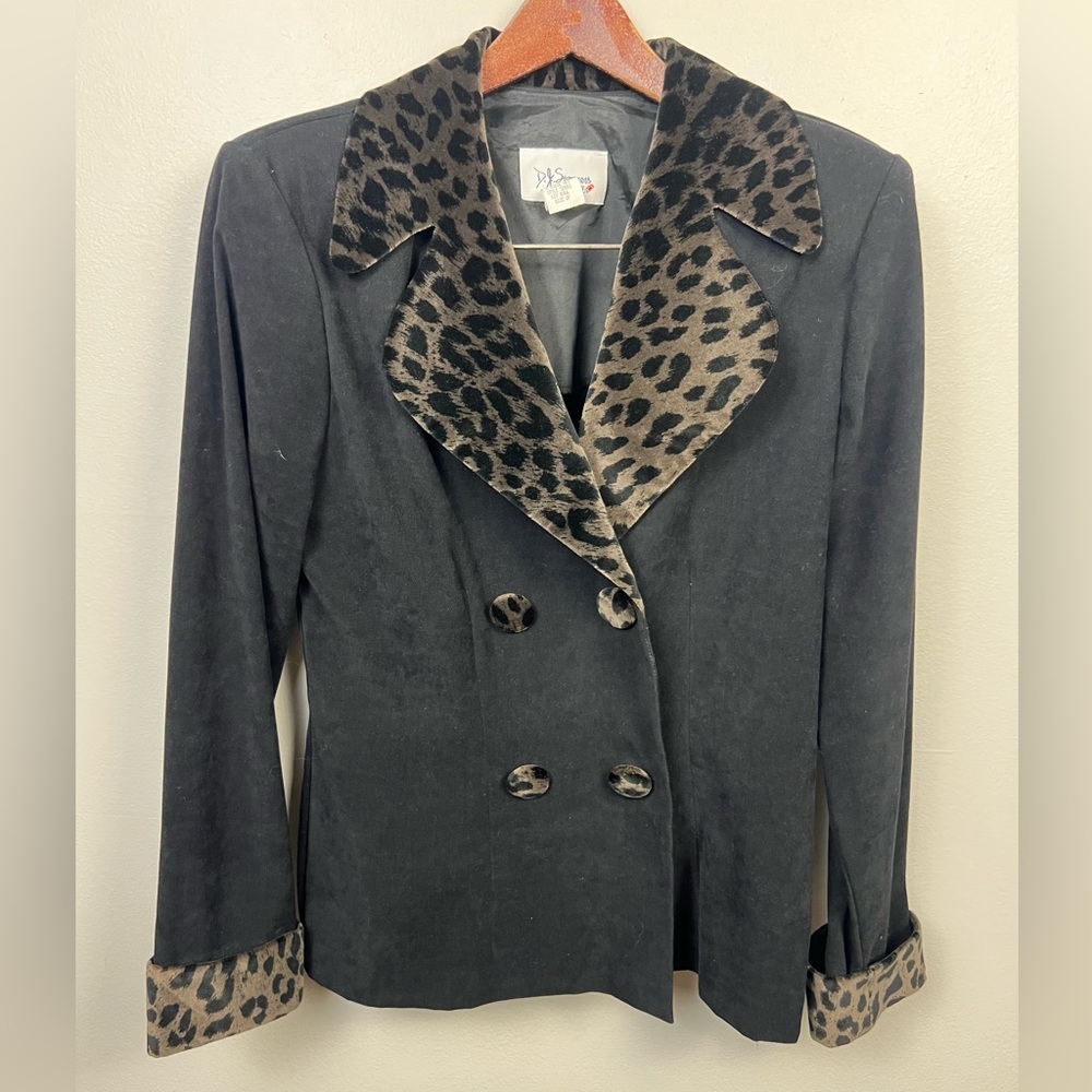 Vintage D. J. Summers Black Double-Breasted Blazer–Leopard Trim Statement Jacket